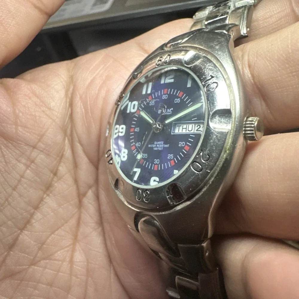 Working B.U.M Equipment Purple Dial Silver Tone Mens Watch Lume‎ 39mm Fit 7.5in